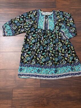 Boho Floral Tunic Dress Teal Accent Long Sleeve Women’s XL Lightweight Summer